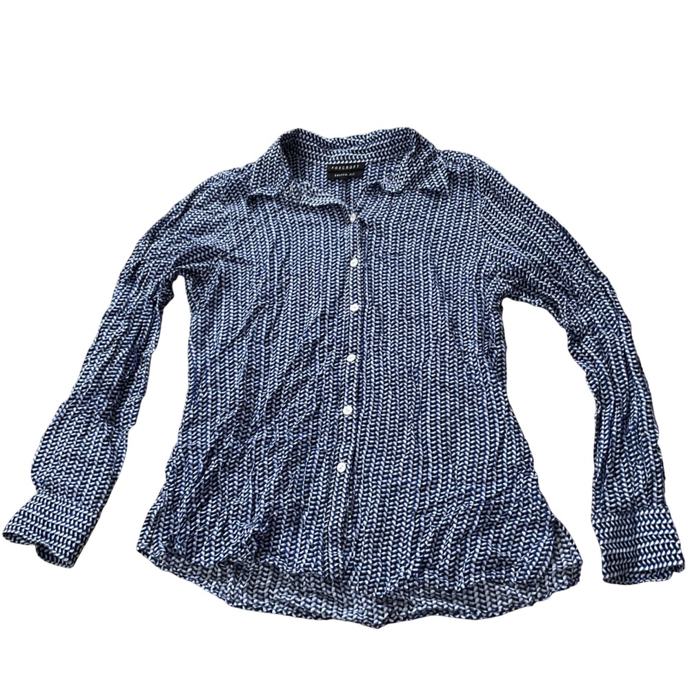 Foxcroft Shaped Fit Blue White Geometric Chevron Button Down Shirt Womens 8